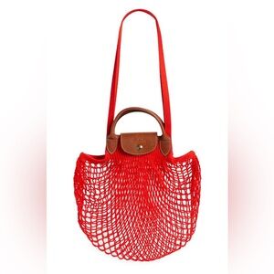 Longchamp Le Pliage Filet Knit Red Shoulder Top Handle Tote Bag